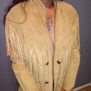 Vintage Nude Suede Fringe Open Front Boho Jacket